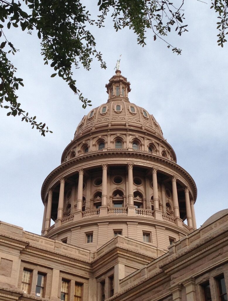 The dome of the Texas State Capitol in Austin, framed by oak branches